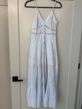 LoveShackFancy Pale Blue & White Striped Lace-Trim Maxi Dress